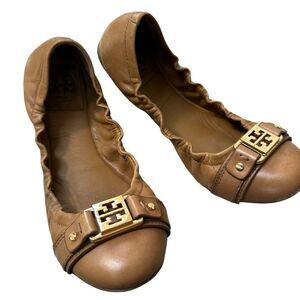 Tory Burch Ambrose flex sole ballet Flats camel tan Leather Scrunch flexible 6.5